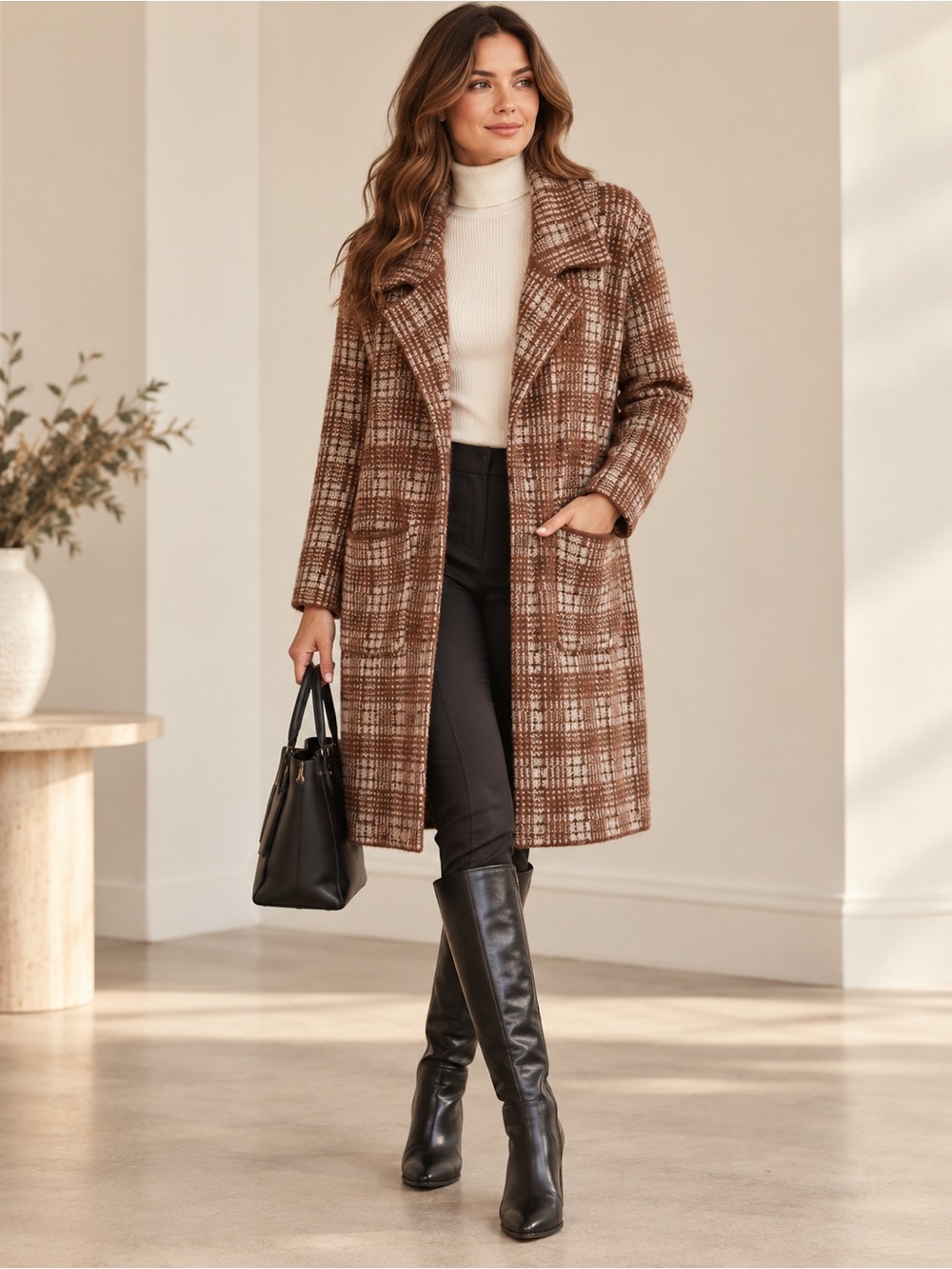 Tahari Plaid Open Front Coatigan Cardigan Brown Cream Size L